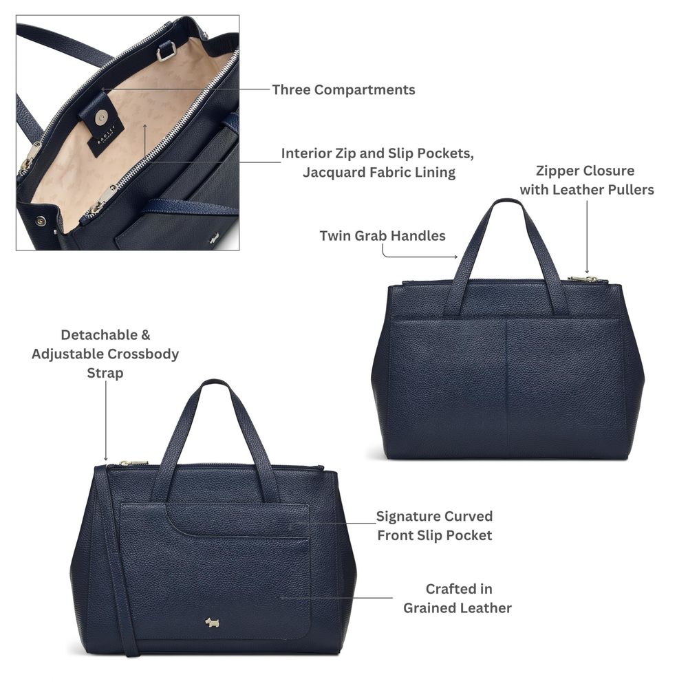 London Pockets Soft Medium Leather Ziptop Satchel Bag, Ink -_- - Picture 3 of 7